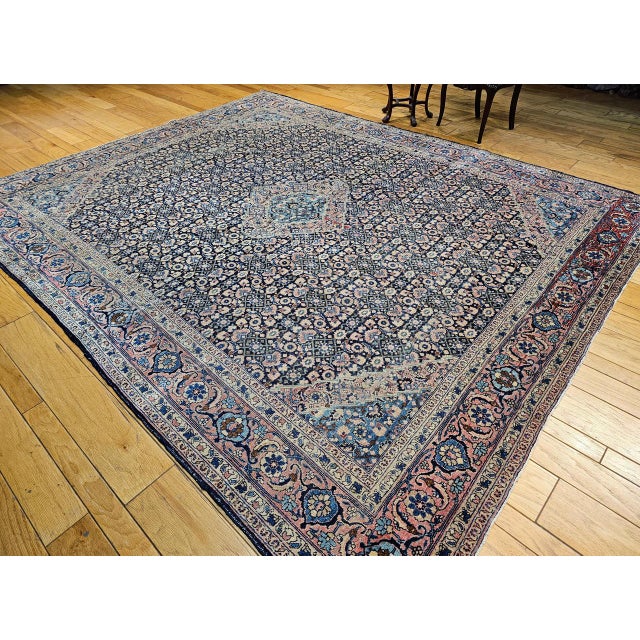 Textile Antique Tabriz Mahi Rug, Hand-Knotted Wool, Herati Geometric Pattern, Navy & Pale Red, 9x12 For Sale - Image 7 of 15