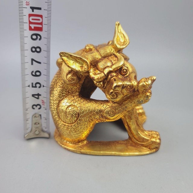 Metal Gilt Bronze Qilin Paperweight – 3.9" Mythical Beast Sculpture With Scale Detail For Sale - Image 7 of 9