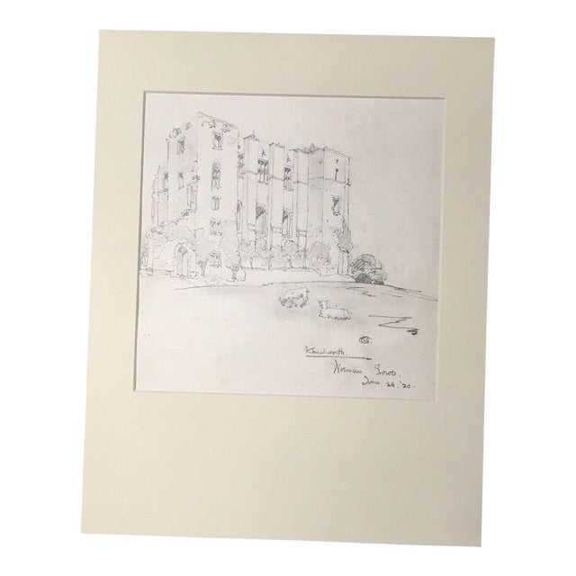 Antique Matted 1920s Walter Church English Landscape Pencil Drawing, Kenilworth For Sale