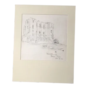 Antique Matted 1920s Walter Church English Landscape Pencil Drawing, Kenilworth
