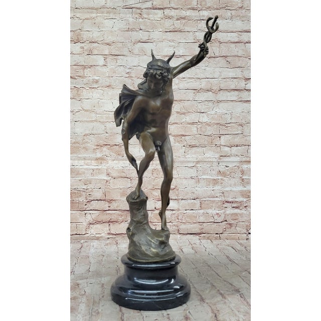 Giambologna Flying Mercury Hermes w/ Caduceus Bronze Statue Sculpture Giambologna 20" x 11" For Sale - Image 4 of 9