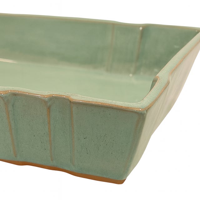 Chinese Large Vintage Aqua Pottery Rectangle Tray / Centerpiece Bowl – 15.75ʺ L × 10ʺ W × 2.5ʺ H – Impressed Seal Mark, Unused Vintage C. 1950s–1980s For Sale - Image 3 of 4