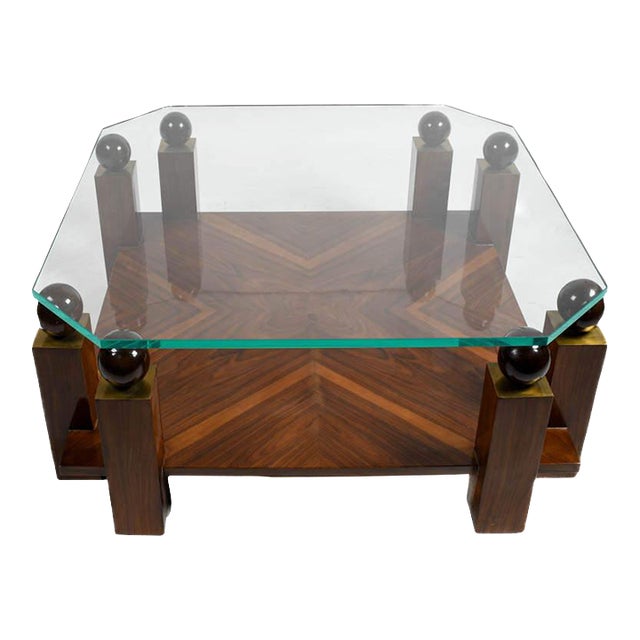 Mid-Century Modern Style Walnut & Burl Wood Coffee Table With Glass Top and Spherical Finials For Sale