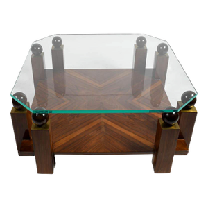 Mid-Century Modern Style Walnut & Burl Wood Coffee Table With Glass Top and Spherical Finials