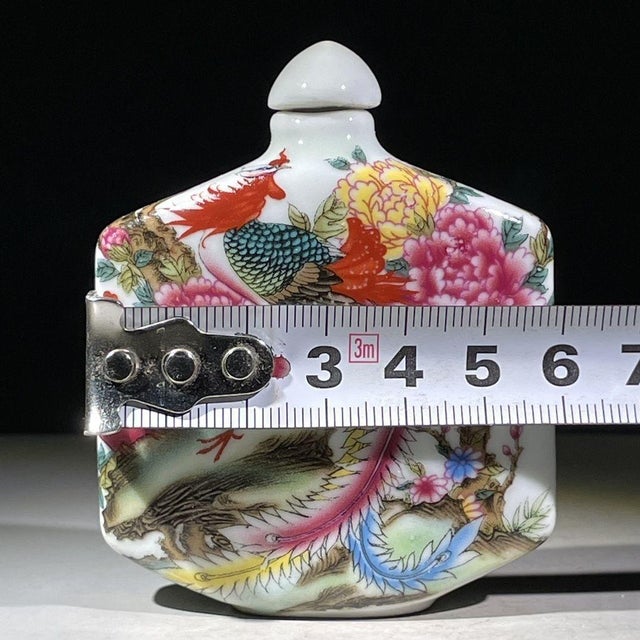 Vintage Famille Rose Porcelain Snuff Bottle – Phoenix & Peony Motif, Qianlong Mark For Sale In Los Angeles - Image 6 of 9