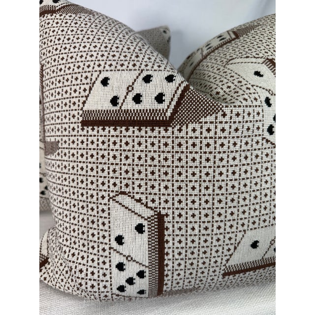 Custom pair of 22" pillows covered in Schumacher "Domino Epingle" in color brown. These pillows have tapered corners to...