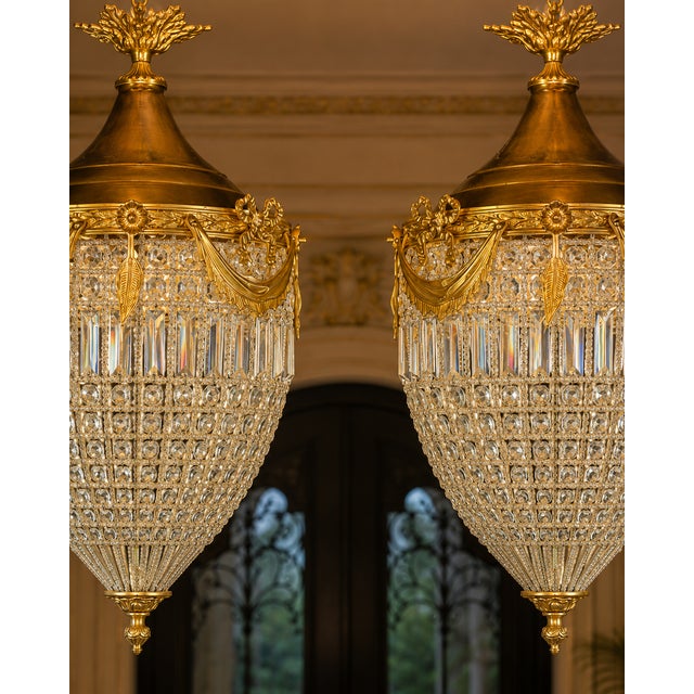 1980 French Louis XVI Gold Bronze Crystal Lanterns Pair For Sale - Image 10 of 12