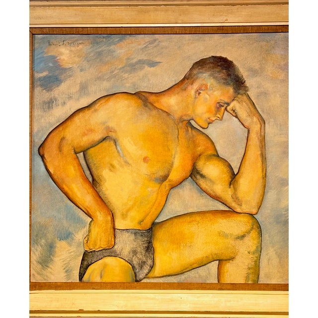Mid-Century Modern Large Oil Painting of a Handsome Muscular Man, Signed Fredrick Spraque 1949 For Sale - Image 3 of 9