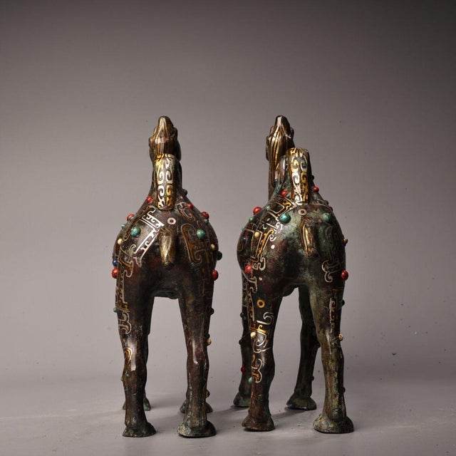 Pair of Antique Bronze Camels With Gold and Silver Inlay, 3600g Total For Sale - Image 4 of 10