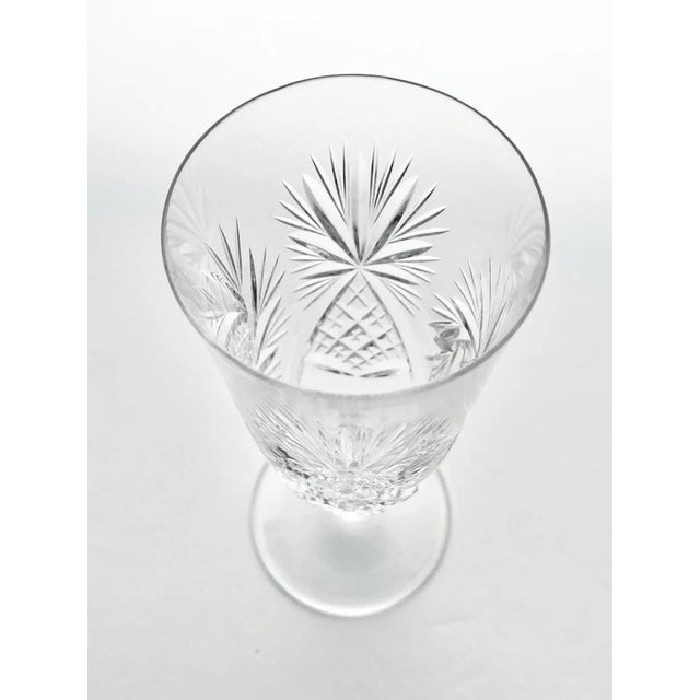 1950s Vintage Swirl Star & Fan Cut 4 Crystal Fluted Champagne Glasses For Sale - Image 4 of 7