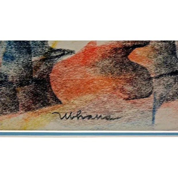 A vintage 1910-1950 abstract chess figurine drawing. The work is done in pastel on paper, presented in a wood frame. The...