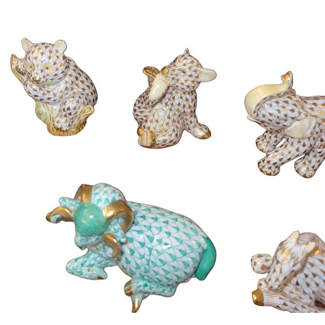 Herend Late 20th Century Set of Nine Herend Fishnet Porcelain Animal Figurines For Sale - Image 4 of 8