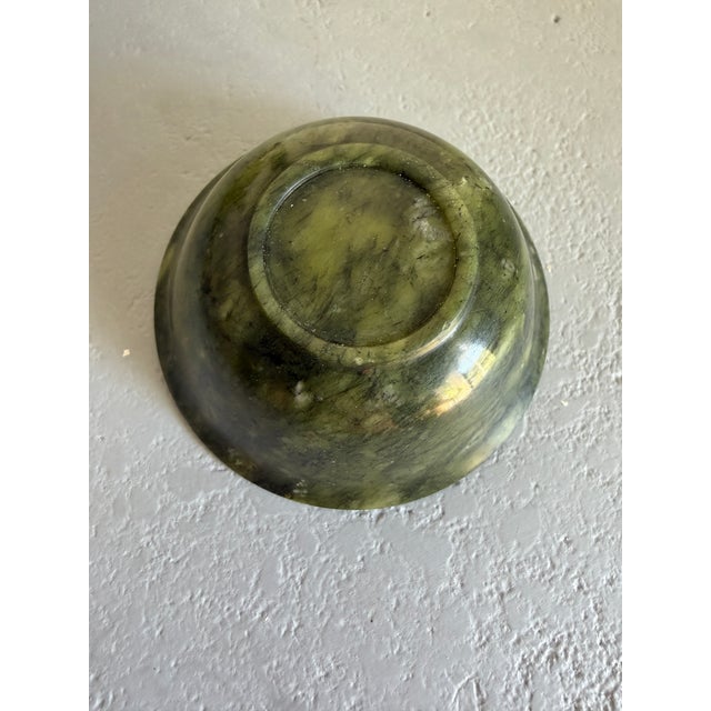 Vintage Hand-Carved Spinach Green Jade Bowl For Sale - Image 4 of 11