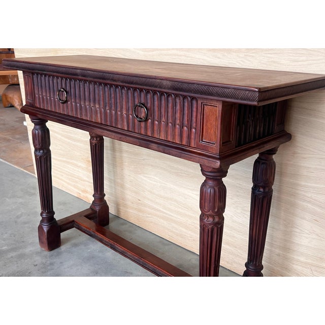 Early 20th Century Catalan Spanish Carved Walnut Console Table with Two Drawers For Sale - Image 4 of 18