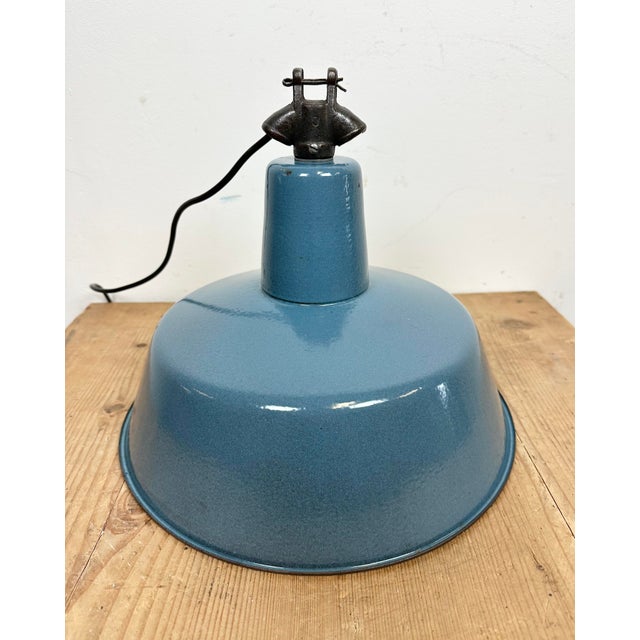 Industrial Blue Enamel Factory Lamp with Cast Iron Top, 1960s For Sale - Image 11 of 14