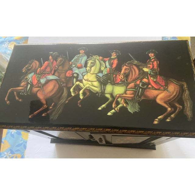 19th Century Russian Tantalus Style Box cabinet Highly black lacquer With Beautiful depictions Of Royalty Beautiful Wood...