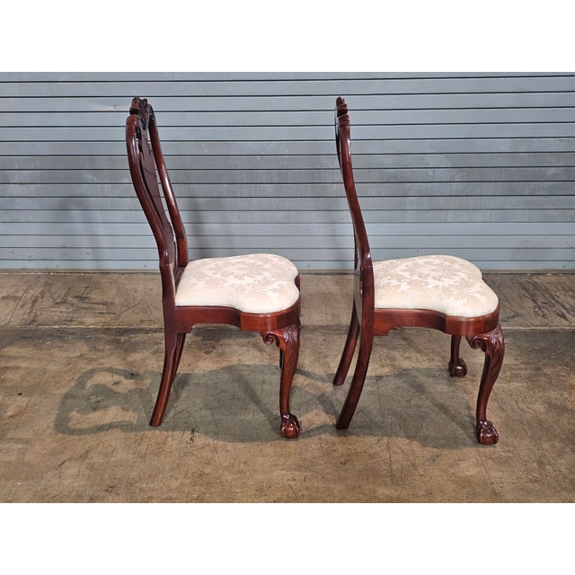 Kindel Furniture Pair of Kindel Winterthur Collection Mahogany Clawfoot Dinning Arm Chairs Silk For Sale - Image 4 of 11