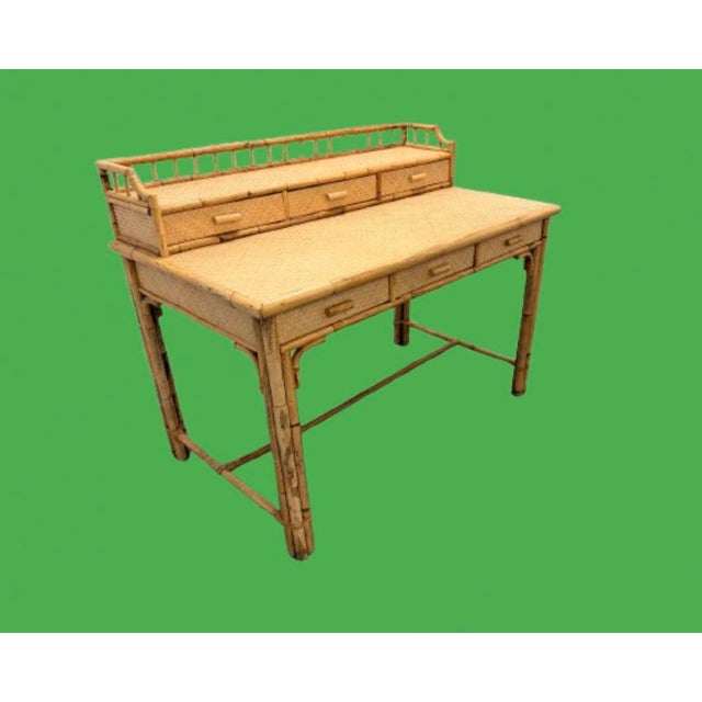 English Vintage British Colonial Burnt Bamboo and Grasscloth Desk For Sale - Image 3 of 10