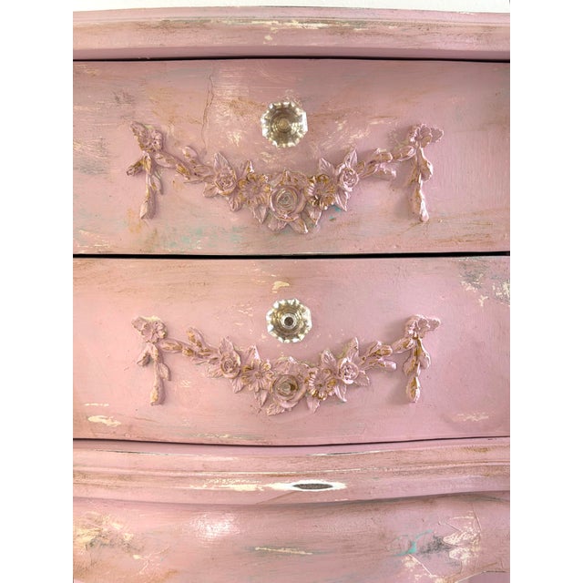Vintage French Pink Distressed Nightstand With Floral Carvings For Sale - Image 11 of 13