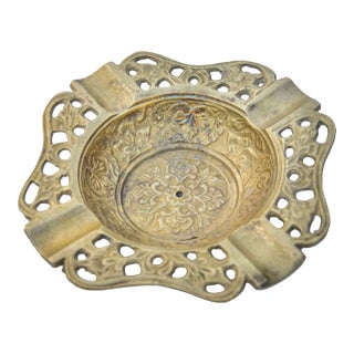 Antique Handmade Floral-Patterned Brass Ashtray For Sale