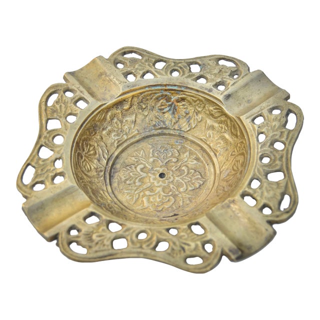 Antique Handmade Floral-Patterned Brass Ashtray For Sale