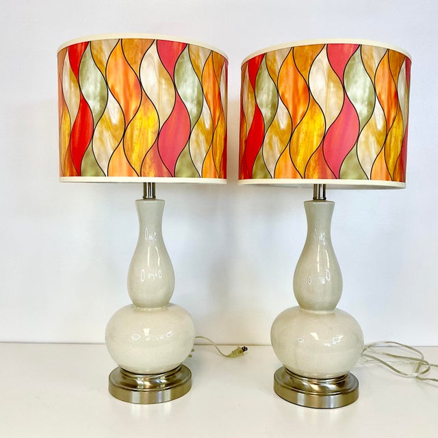 1980s Double Gourd Crackle Ceramic Table Lamps, New Flame Shades - A Pair For Sale - Image 6 of 11