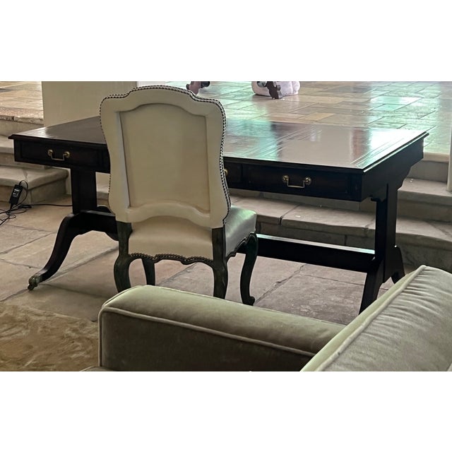 Maitland-Smith Embossed Leather Wrapped Partners Desk W/ Brass Hardware For Sale - Image 12 of 18