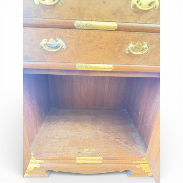 Wood Antique Burlwood Campaign Chest With Brass Hardware – 5 Drawers Over Cabinet For Sale - Image 7 of 7