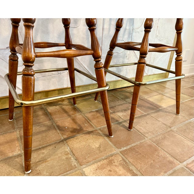 Wood Vintage Ethan Allen Heirloom Nutmeg Maple Colonial Early American Pub Style Swivel Barstool With Metal Footrest- A Pair For Sale - Image 7 of 12