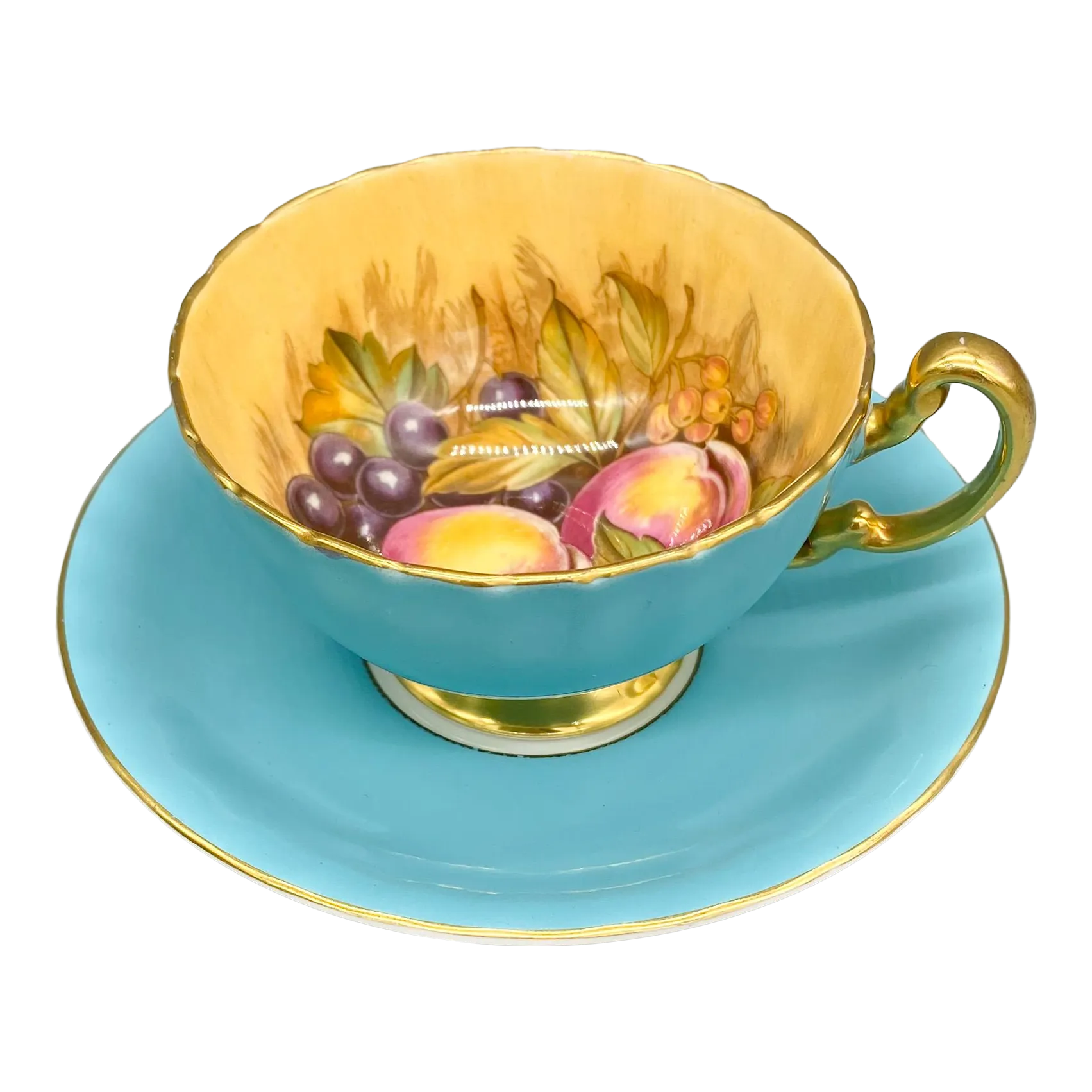 Aynsley Turquoise Fruit Orchard English Teacup & Saucer – Hand