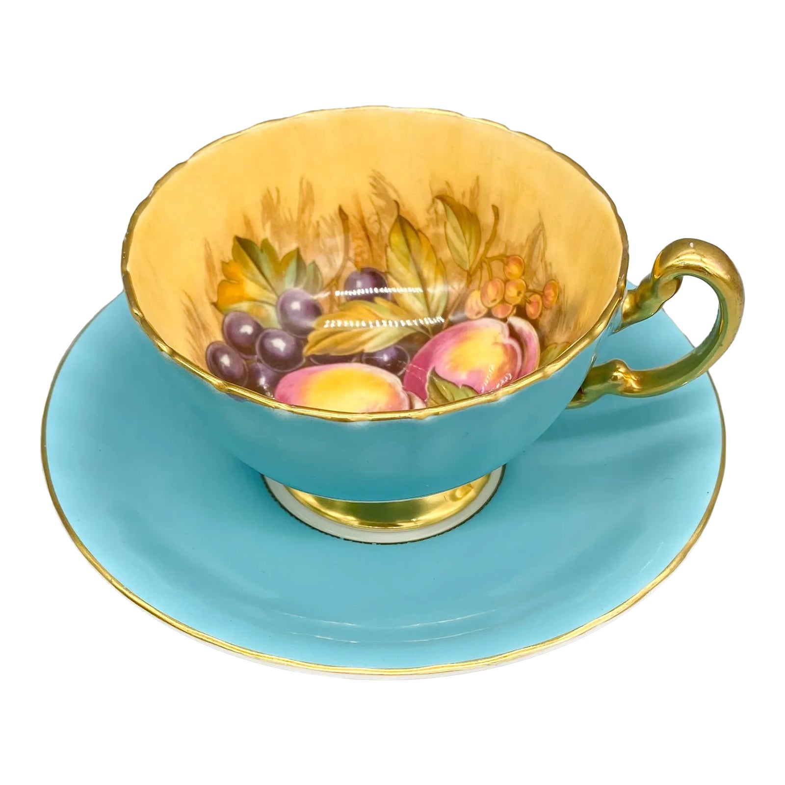 Aynsley Turquoise Fruit Orchard English Teacup & Saucer – Hand