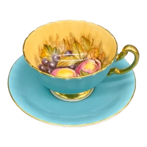 Aynsley Turquoise Fruit Orchard English Teacup & Saucer – Hand Painted by Doris Jones