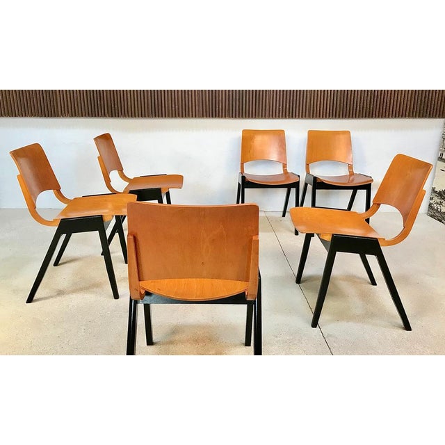 Mid-Century set of stacking dining chairs Model P7 By Roland Rainer for Emil & Alfred Pollak Black lacquered frames and...