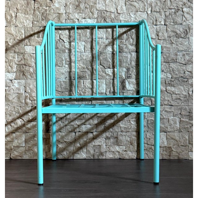 Wrought Iron Turquoise Lounge Chair for Outdoor with Grid Seat For Sale - Image 17 of 18