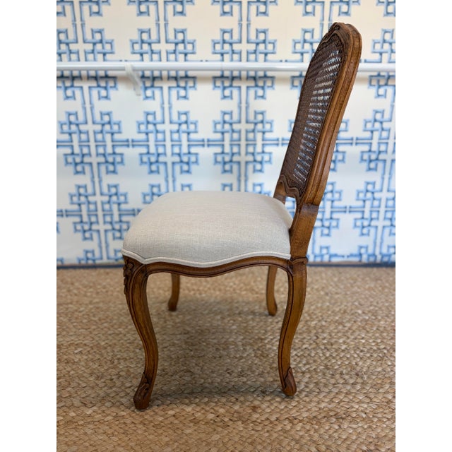 Set of Six Carved Wood Cane Back Dining Chairs With Upholstered Seats For Sale - Image 4 of 6