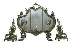 Antique Bronze French Baroque Rococo Bronze Fireplace Hearthware Screen Fender- 3 Pieces