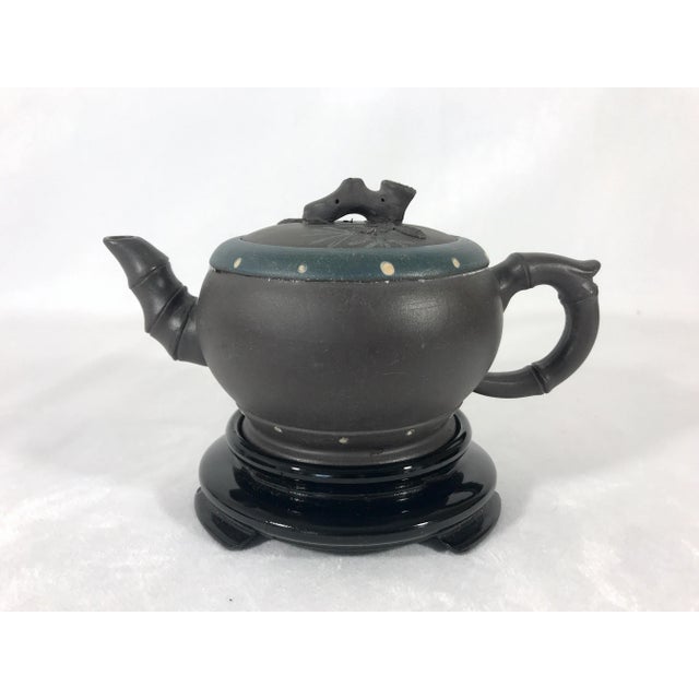 Chinoiserie YiXing Zisha Bamboo and Lotus Detail Teapot With Pine Needles, Artist Signed and Chopped / Stamped For Sale - Image 3 of 8