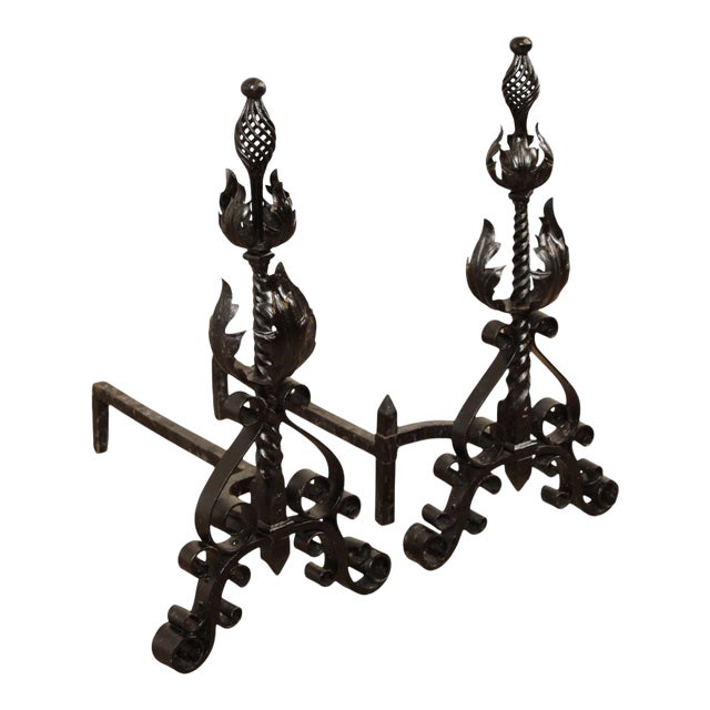 Vintage Pair Wrought Iron Andirons For Sale