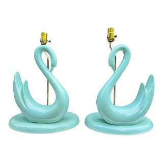 Vintage Sculptural Aqua Swan Table Lamps, Pair For Sale