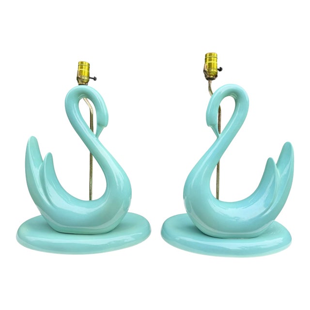 Vintage Sculptural Aqua Swan Table Lamps, Pair For Sale