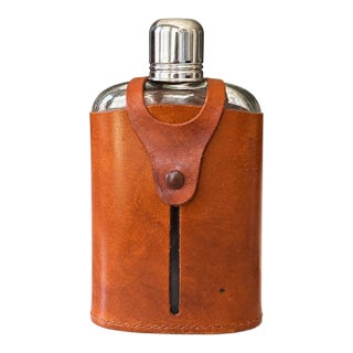 Vintage English Cognac Leather & Glass Hip Flask With Dinking Cup For Sale
