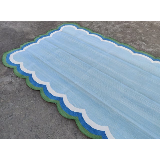 Textile Not Yet Made - Made To Order Handmade Cotton Vegetable Dyed Scalloped Edge Rug Sky Blue With Cream Blue and Forest Green Border - 6'x9' For Sale - Image 7 of 11
