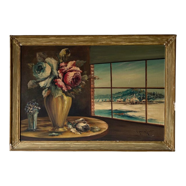 Vintage Still Life Window View Oil Painting, Signed For Sale