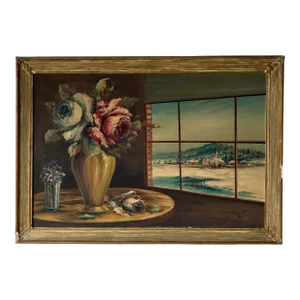 Vintage Still Life Window View Oil Painting, Signed
