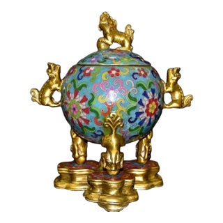 Vintage Cloisonne Enamel Globe Censer - Double-Handle Tripod Incense Burner For Sale