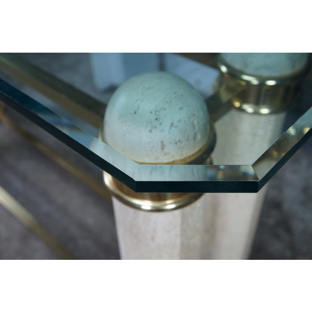 Glass Vintage Italian Regency Travertine Stone Brass & Glass Console Hall Sofa Table For Sale - Image 7 of 12