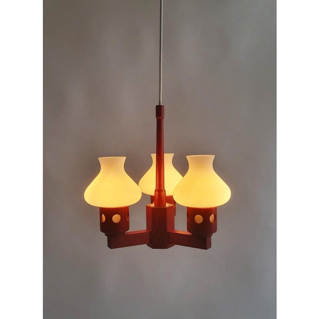 Mid-Century Modern Mid-Century Swedish Pine Chandelier with Frosted Glass Shades by Aneta, 1970s For Sale - Image 3 of 14