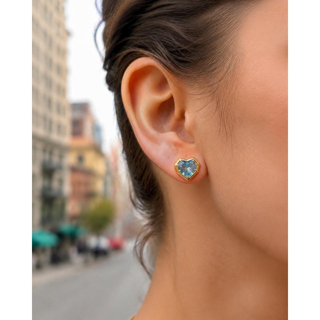Geometric Heart Topaz Stud Earrings, Silver, Gold, Pair For Sale - Image 9 of 10