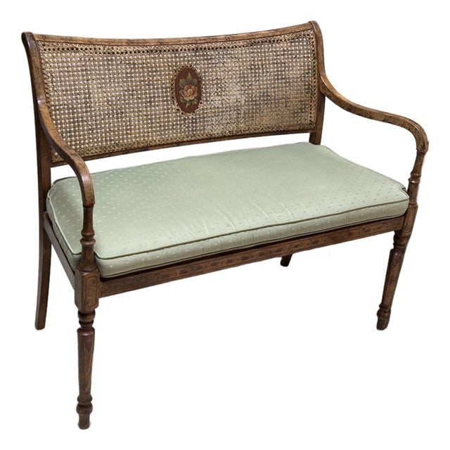 Regency Style Caned Bench With Cushion For Sale