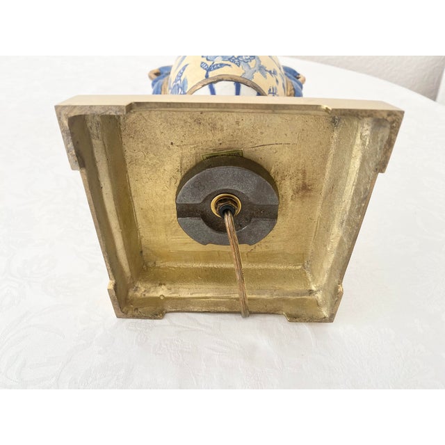 Late 20th Century Vintage Exquisite Blue, Yellow, & White Floral & Striped Porcelain/Ceramic Urn/Vase Style With Brass Base and Top Lamp Excellent Condition For Sale - Image 5 of 14